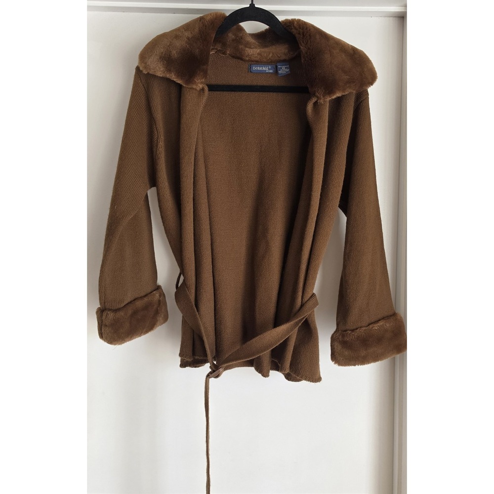 Vintage De Rotchild Women's Cardigan Size 2X Brown Belted Sweater Faux Fur Korea